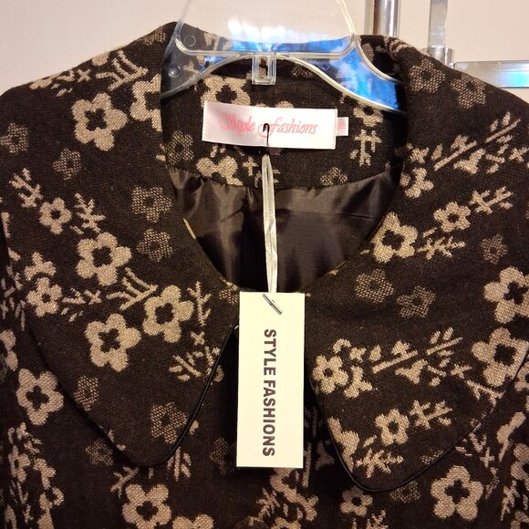 NEW Women’s Elegant Pea Coat Brown Cream Floral Lined Trench Coat ¾ Sleeve 16 XL - Picture 10 of 10